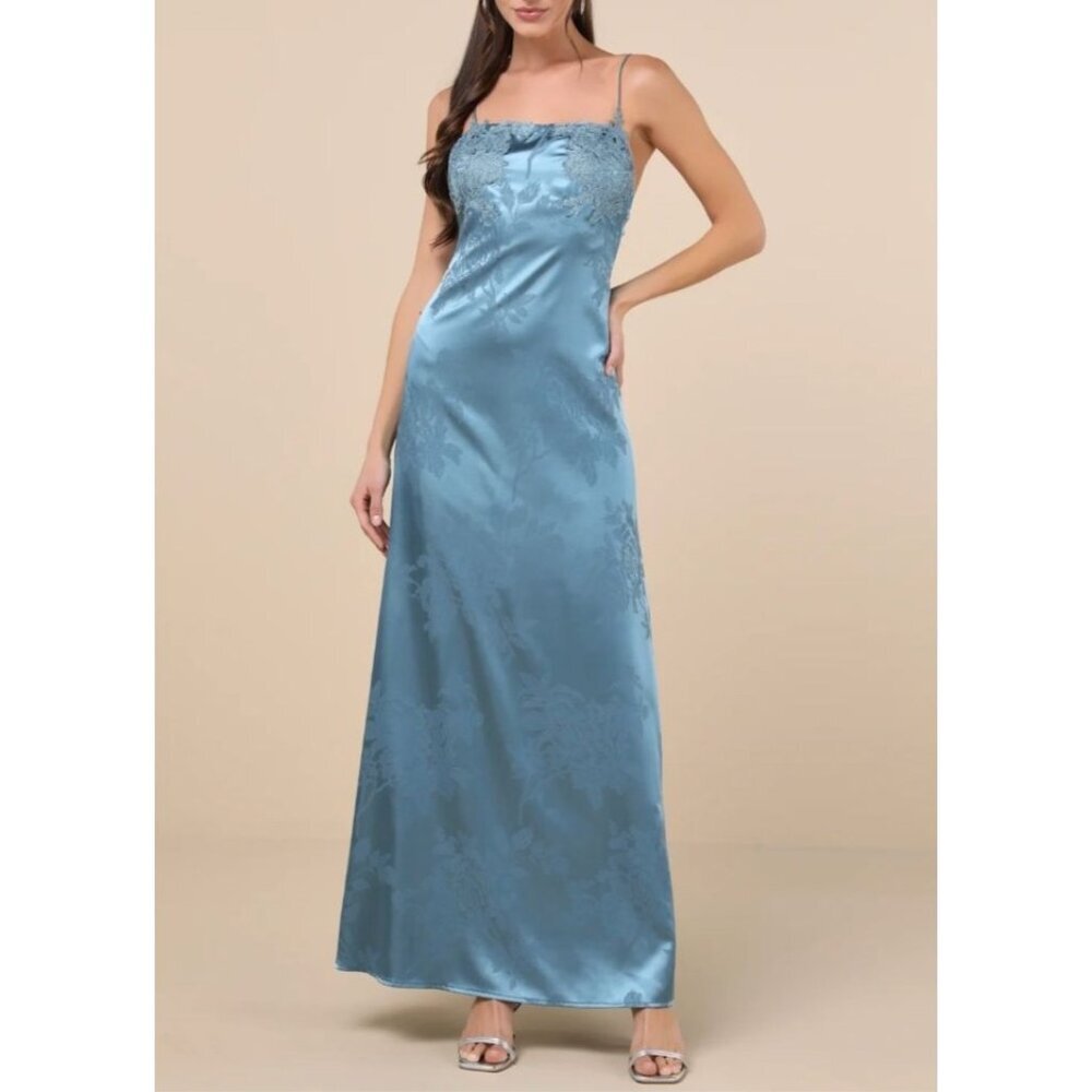 NWT | Lulus Whimsical Radiance Blue Satin Embroidered Maxi | Sz XS